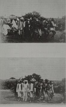 Two photographs, one above the other, each showing a line of men treading cut hemp tops in the open, holding on to one another as they move.