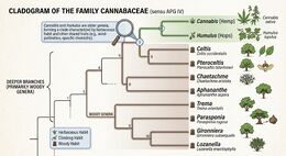 A cladogram showing Cannabis and Humulus as sister genera in a clade nested among the woody genera of the family Cannabaceae.