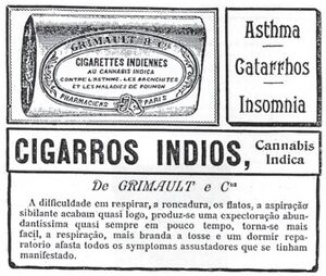 Newspaper advertisement with a cigarette packet and the words Cigarros Indios, Cannabis Indica