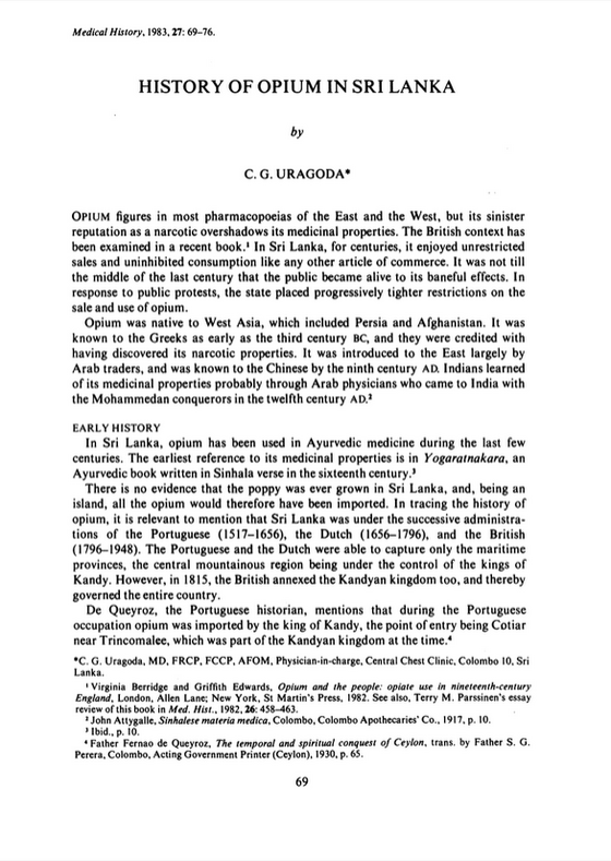 History of Opium in Sri Lanka (Uragoda 1983)