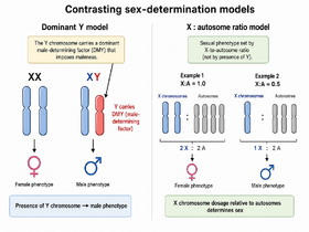 Two side-by-side schematics contrasting sex-determination models: on the left a dominant male-determining Y chromosome imposing maleness, on the right the ratio of X chromosomes to autosomes setting the sexual phenotype.