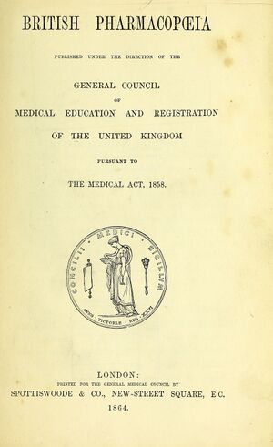 Printed title page of the British Pharmacopoeia of 1864 with the seal of the General Council
