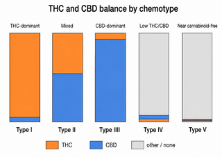 Five bars showing the balance of THC and CBD from THC-dominant through mixed to near cannabinoid-free.