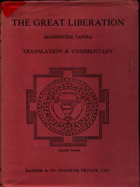 Red dust jacket of a printed book titled The Great Liberation, Mahanirvana Tantra, with a square yantra diagram inscribed with Sanskrit syllables.