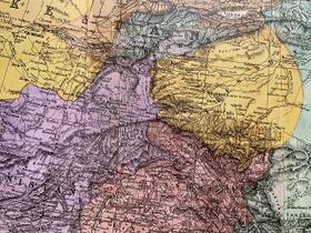 Detail of a hand-coloured map of Central Asia, with Afghanistan in purple, Bokhara in yellow to the north-west, Eastern Turkestan in yellow to the north-east and the British Punjab in pink to the south-east