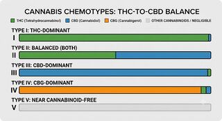 Five bars showing the balance of THC and CBD from THC-dominant through mixed to near cannabinoid-free.