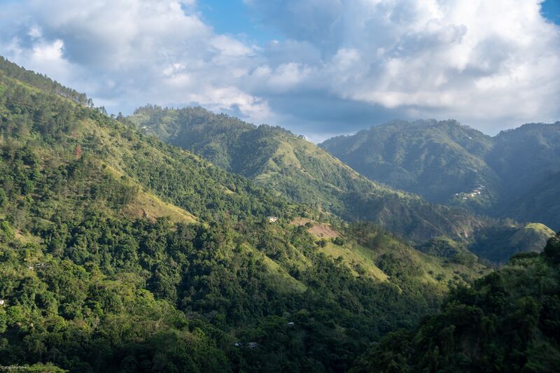 Forested mountain ridges under cloud.