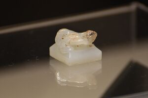 A small square white jade seal with an animal-shaped knob, in a glass display case