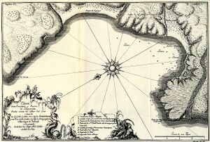 An engraved 18th-century plan of a bay with soundings, hills drawn in relief and the town on the shore, with a decorated title cartouche