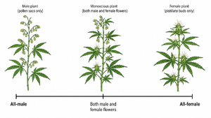 A horizontal scale from all-male on the left to all-female on the right, with a separate male plant and a separate female plant at the two ends and a single plant bearing both flower types placed in the middle.
