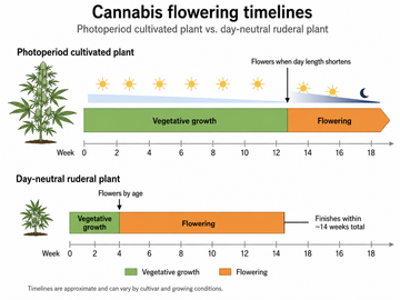 Two flowering timelines compared: a photoperiod cultivated plant with a long vegetative phase that flowers near week 14 when day length shortens, and a day-neutral ruderal plant that flowers near week 4 by age and finishes within about 14 weeks.
