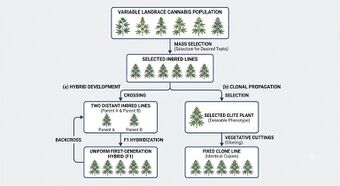 A flow diagram from a mixed landrace population through selection and inbreeding to a uniform hybrid and a fixed clone.