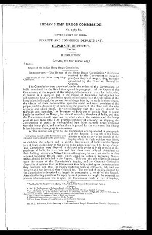 The first page of the Resolution, headed Indian Hemp Drugs Commission and dated Calcutta, 21 March 1895.