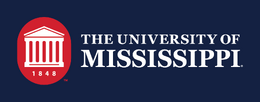 University of Mississippi logo: a white columned building and the year 1848 on a red oval, beside 'The University of Mississippi' in white capitals, on navy