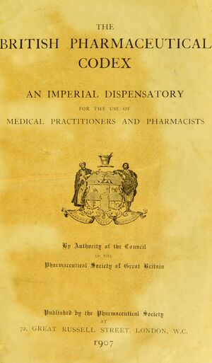 Printed title page of the British Pharmaceutical Codex of 1907 with the Society's arms