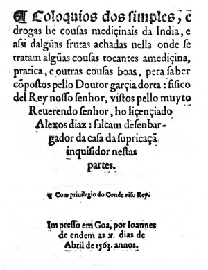 Title page of Garcia de Orta's Colóquios first edition, from the first printing press in India at Saint Paul's College, Goa, on 10 April 1563, by João de Endem