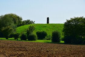 A grassy round mound with a standing stone on top, behind a ploughed field and shrubs