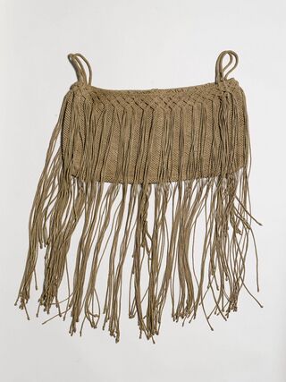 A bag of knotted light brown cord with two looped handles at its upper corners and a long fringe of cords hanging below it