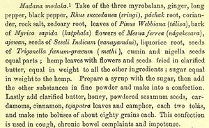 U. C. Dutt's recipe for madana modaka, with hemp leaves and flowers, in The Materia Medica of the Hindus, 1877
