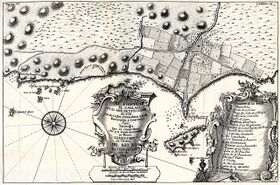 An engraved 18th-century plan of a port and bay, with soundings in the water, fields and the walled town on the shore, and a decorated title cartouche