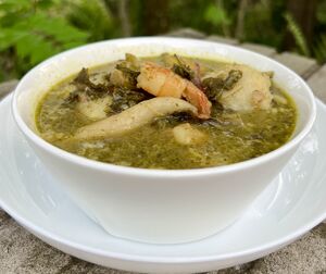 A bowl of Jamaican pepperpot soup. The photo does not show cannabis.