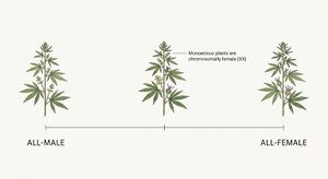 A horizontal scale from all-male on the left to all-female on the right, with a separate male plant and a separate female plant at the two ends and a single plant bearing both flower types placed in the middle.