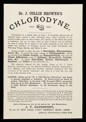 Printed advertisement headed Dr. J. Collis Browne's Chlorodyne