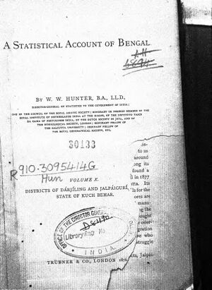 A printed title page reading A Statistical Account of Bengal, by W. W. Hunter, volume X, with a handwritten shelf mark, an oval library stamp and a torn right edge