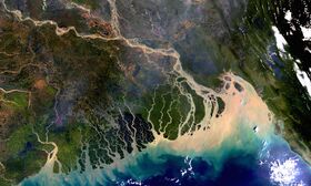 A satellite image of the Ganges – Brahmaputra delta along the Bangladesh coastline.captured by the Envisat satellite of the European Space Agency (ESA). The image also shows sediment plumes in the coastal area.